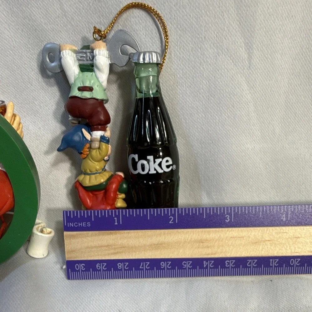 Coca-Cola Lot of 3 Christmas Ornaments Santa Elves Coke Bottle Advertising Red